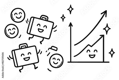 Economic Growth Doodle. Playful doodle economic opportunity illustration with happy coins, cartoon briefcases jumping, smiling