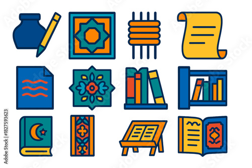 Islamic Papermaking Icons. Flat vector icons of Islamic papermaking heritage: ink pot, reed pen, geometric manuscript, binding