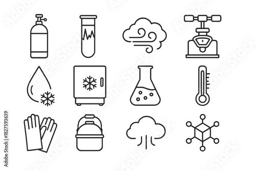 Cryogenic Science Icons. Line style icons of cryogenic science: nitrogen cylinder, frosted tube, cold mist, pressure valve;