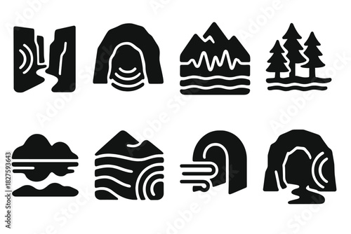 Sonic Landscape Icons. Solid style icons of sonic landscapes: canyon echoes, cavern reverb, mountain harmonics. Forest acoustics,