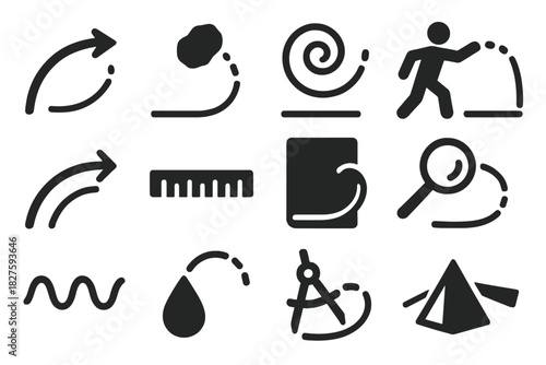 Projectile Motion Icons. Solid style icons of projectile motion and trajectory: arrow, stone, spiral, human silhouette, motion