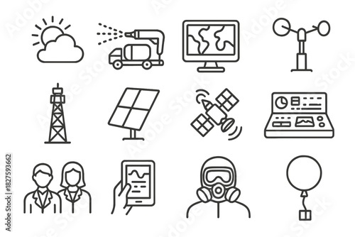 Geoengineering Icons Collection. Line style icons of Geoengineering Research: Solar Radiation Management, Aerosol Sprayer, Climate