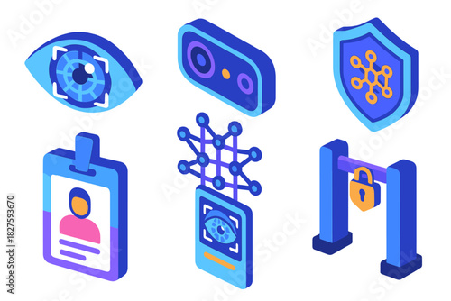 Biometric Security Icons. Isometric vector illustration set Data privacy – biometric iris scan, eye recognition, retinal grid;