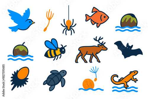 Species Dispersal Icons. Flat vector icons of species dispersal: flying bird, wind-blown seed, drifting spider balloon, swimming