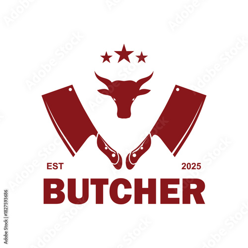 butcher shop logo with cleavers and bull head, vintage meat store emblem
