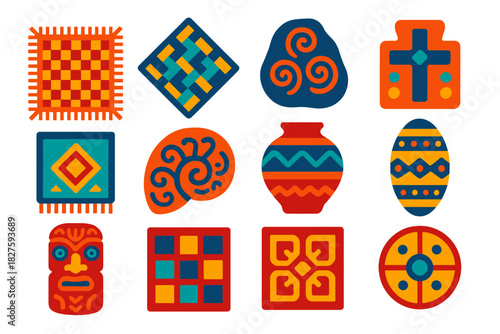 Mathematical Artifact Icons. Flat vector icons of cultural artifacts with mathematical relevance: woven mat, basket pattern,
