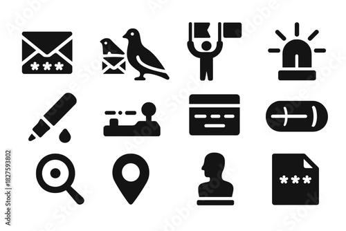 Covert Communication Icons. Solid style icons of Covert communication: coded letter, carrier pigeon, semaphore flag, signal light,