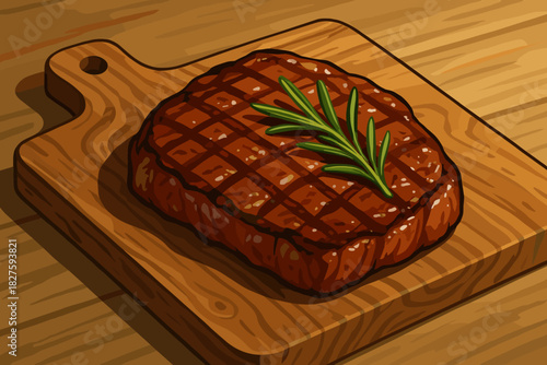 Grilled Steak Elegance. Freshly grilled steak garnished with rosemary vector illustration and served on a rustic wooden board,