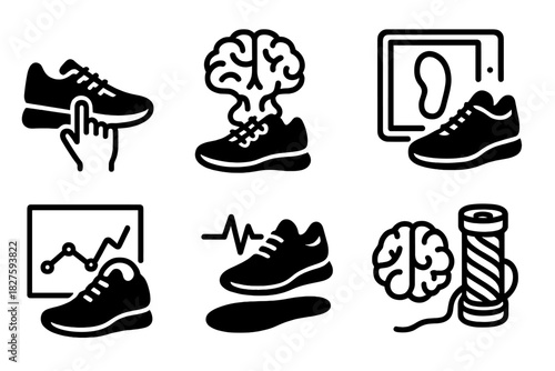 Brain-Computer Fashion Icons. Line style icons of Brain-Computer Fashion: self-customizing shoe, brain-linked laces, foot comfort
