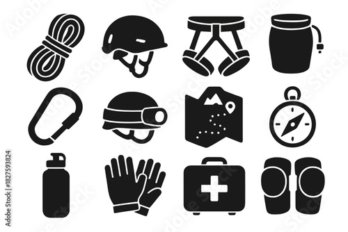 Speleology Tools Icons. Solid style icons of Speleology tools: climbing rope, helmet, harness, chalk bag, carabiner, headlamp, map