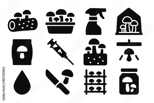 Mushroom Cultivation Icons. Solid style icons of Mushroom cultivation: inoculated log, growing tray, spray bottle, humidity tent,