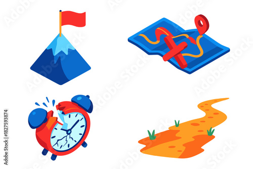 Symbols of Aspirations. Isometric vector illustration set Symbols of Unreachable Goals: Distant flag on peak, crossed-out map