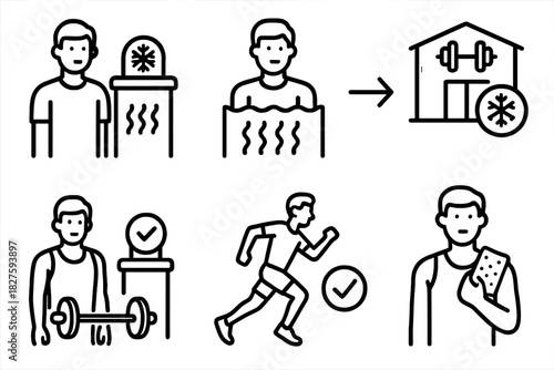 Cryotherapy Fitness Icons. Line style icons of cryotherapy and fitness: cryo before workout, post-training freeze, gym to cryo