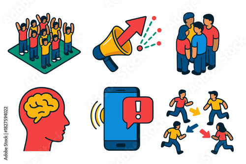 Flash Mob Coordination. Isometric vector illustration set Social coordination in flash mobs: public space choreography,