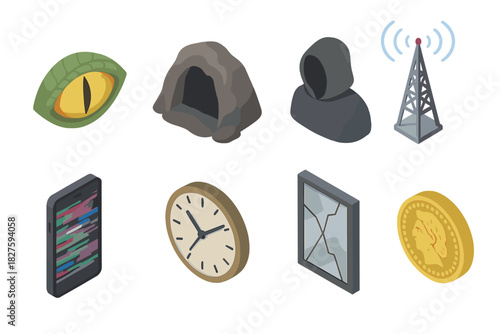 Urban Legends Icons. Isometric vector illustration set of Urban legends: reptilian eye, mysterious cave entrance, hooded figure