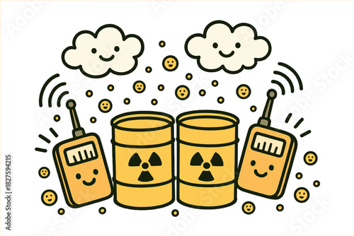 Happy Radioactive Monitoring. Friendly doodle radioactive waste monitoring with happy barrels, cartoon Geiger counters beeping