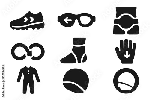 Reverse Running Gear Icons. Solid style icons of reverse running gear: specially treaded shoe icon, rear-view glasses badge, back