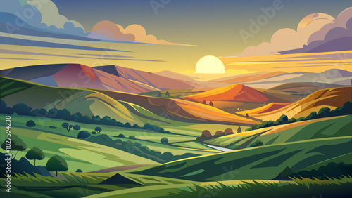 Very beautiful sunset scene over a serene landscape in Yorkshire Dales National Park, featuring rolling green hills, soft golden sunlight, gentle shadows, and a calm atmospheric glow. A semi-realistic
