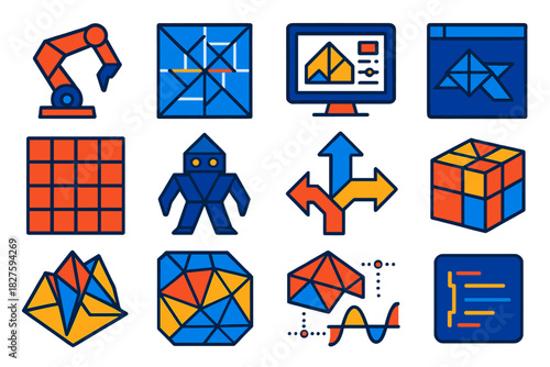 Computational Origami Icons. Flat vector icons of computational origami: folded robotic arm, crease pattern algorithm, paper