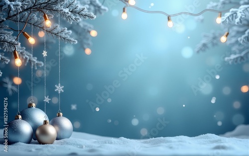 Winter holiday card templates with minimalist designs for corporate greetings - blue gradient bg, silver line Christmas baubles and snowflake ornaments, festive garland with light bulbs on string.