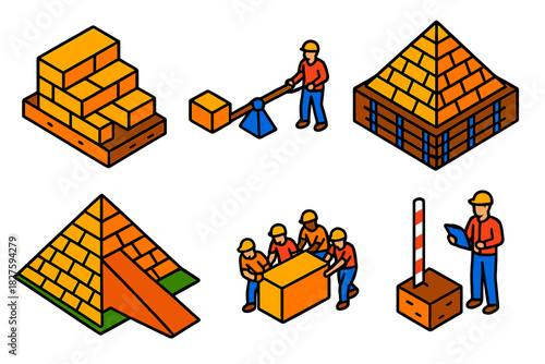 Geotechnical Pyramid Construction. Isometric vector illustration set Geotechnical engineering of pyramids: quarry blocks, lever