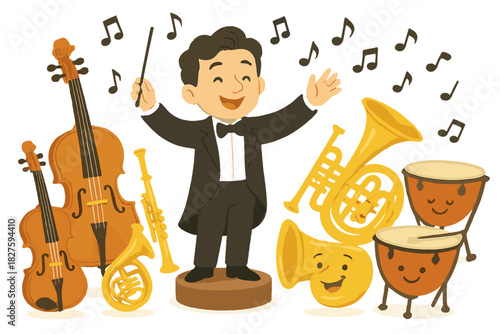 Orchestra of Smiling Instruments. Symphony orchestra scene with smiling instruments, cheerful conductor, and musical notes dancing