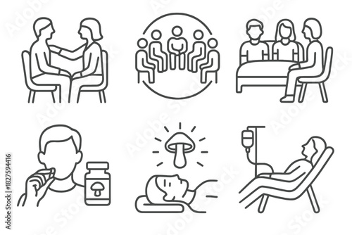 Psychedelic Therapy Icons. Line style icons of types of psychedelic therapy sessions: solo with guide, group therapy circle,