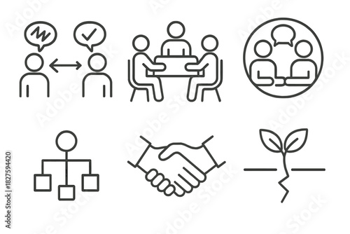 Team Conflict Solutions. Line style icons of conflict resolution in teams: conflict to clarity arrow, mediation icon, team
