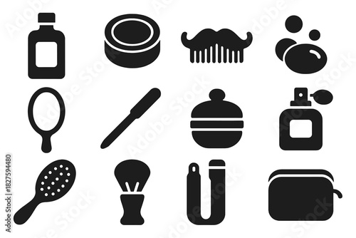 Classic Grooming Icons. Solid style icons of Classic Grooming: Hair Tonic, Pomade Tin, Mustache Comb, Soap Bar, Hand Mirror, Nail