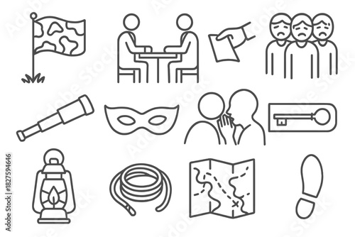 Covert Operation Icons. Line style icons of Covert Operation: Camouflaged Flag, Discreet Meeting, Handout, Oppressed Citizens;