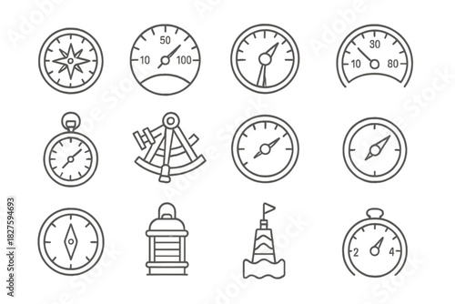 Marine Navigation Icons. Line style icons of marine navigation: ship compass, depth gauge, engine telegraph, rudder angle