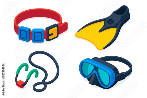 Bold Diving Gear Icons. Isometric vector illustration set Underwater diving gear – freedive weight belt, quick-release buckle,