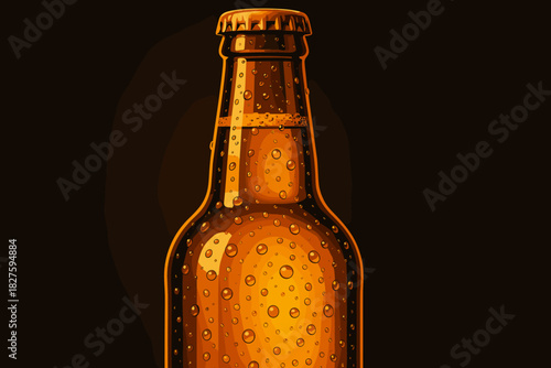 Golden Beer Elegance. Close-up of golden beer bottle with condensation droplets, sharp lighting, vector illustration rich amber