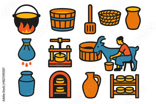Traditional Cheese Icons. Flat vector icons of Traditional Cheese Making: open fire pot, wooden tub, stirring paddle, woven basket
