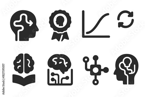 Memory and Learning Icons. Solid style icons of memory and learning for leaders: memory path in brain, long-term recall badge,