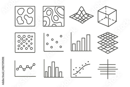 Line Style Data Icons. Line style icons of data visualization: density map, contour lines, 3D surface, volumetric cube; atomic