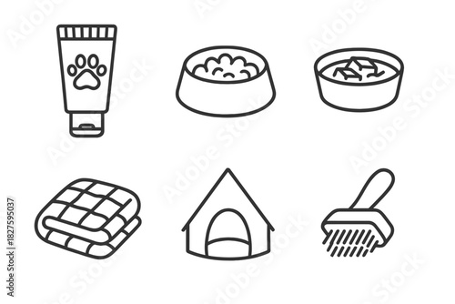 Sled Dog Care Icons. Line style icons of sled dog care: paw ointment tube, food bowl, water bowl with ice, warm blanket, tent for
