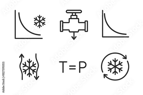 Cryogenic Thermodynamics Icons. Line style icons of cryogenic thermodynamics: entropy cooling chart, Joule-Thomson valve icon,