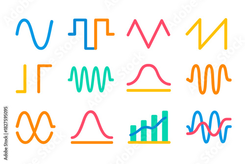 Colorful Waveform Icons. Flat vector icons of Waveforms: sine wave, square wave, triangular wave, sawtooth wave, pulse signal,