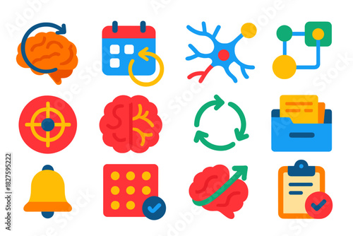 Cognitive Icons Set. Flat vector icons of cognitive foundations of repetitive actions: brain with loop arrow, habit icon, neuron