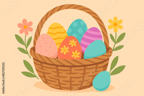 Colorful Easter Eggs. Vibrant arrangement vector illustration of colorful Easter eggs in a rustic wicker basket, soft pastel tones