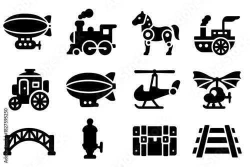 Steampunk Travel Icons. Solid style icons of Steampunk travel: dirigible, steam locomotive, mechanical horse, paddle steamer,