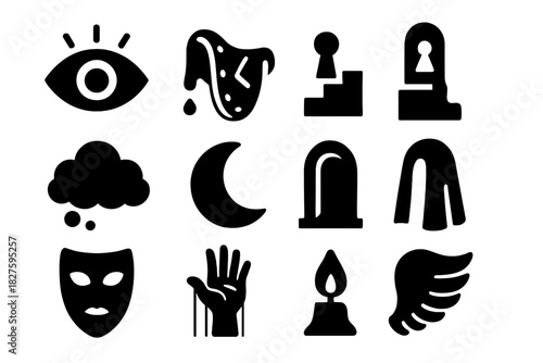 Surreal Icon Collection. Solid style icons of Surreal Dreams: Floating Eye, Melting Clock, Stairway, Keyhole, Dream Cloud,