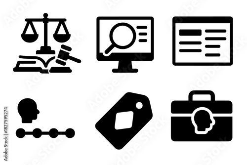 Forensic Linguistics Icons. Line style icons of Forensic Linguistics: linguistic courtroom tools, analysis software icon,