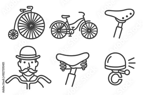 Vintage Bicycle Icons. Line style icons of vintage bicycles: penny-farthing, retro cruiser, leather saddle bike, handlebar