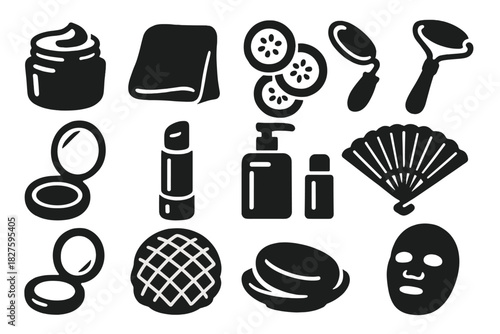 Retro Skincare Icons. Solid style icons of Retro Skincare: Cold Cream Jar, Face Cloth, Cucumber Slices, Massage Roller, Compact