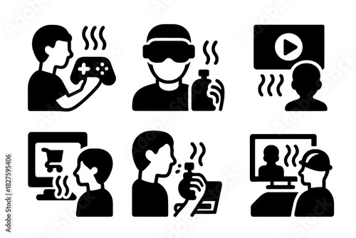 Digital Scent Applications. Solid style icons of digital scent applications: gaming immersion scent, virtual reality scent, movie