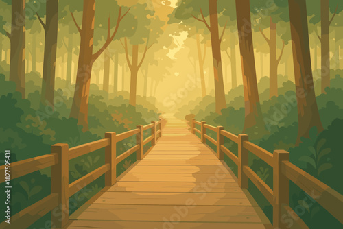 Serene Forest Walkway. Serene forest boardwalk surrounded by tall trees glowing under soft sunlight, tranquil and inviting tones,