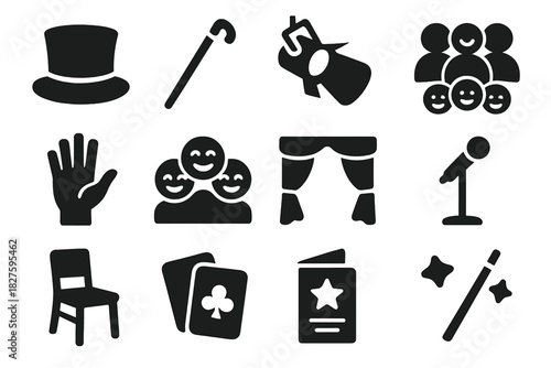 Stage Hypnosis Symbols. Solid style icons of Stage hypnosis: top hat, cane, spotlight, audience silhouette, raised hand, laughing