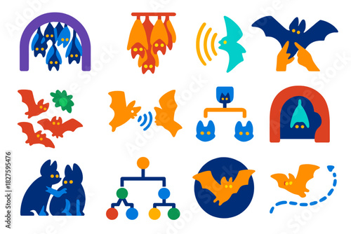 Bat Social Icons. Flat vector icons of bat social structures: bat colony, roosting cluster, echolocation pulse, wing touch,